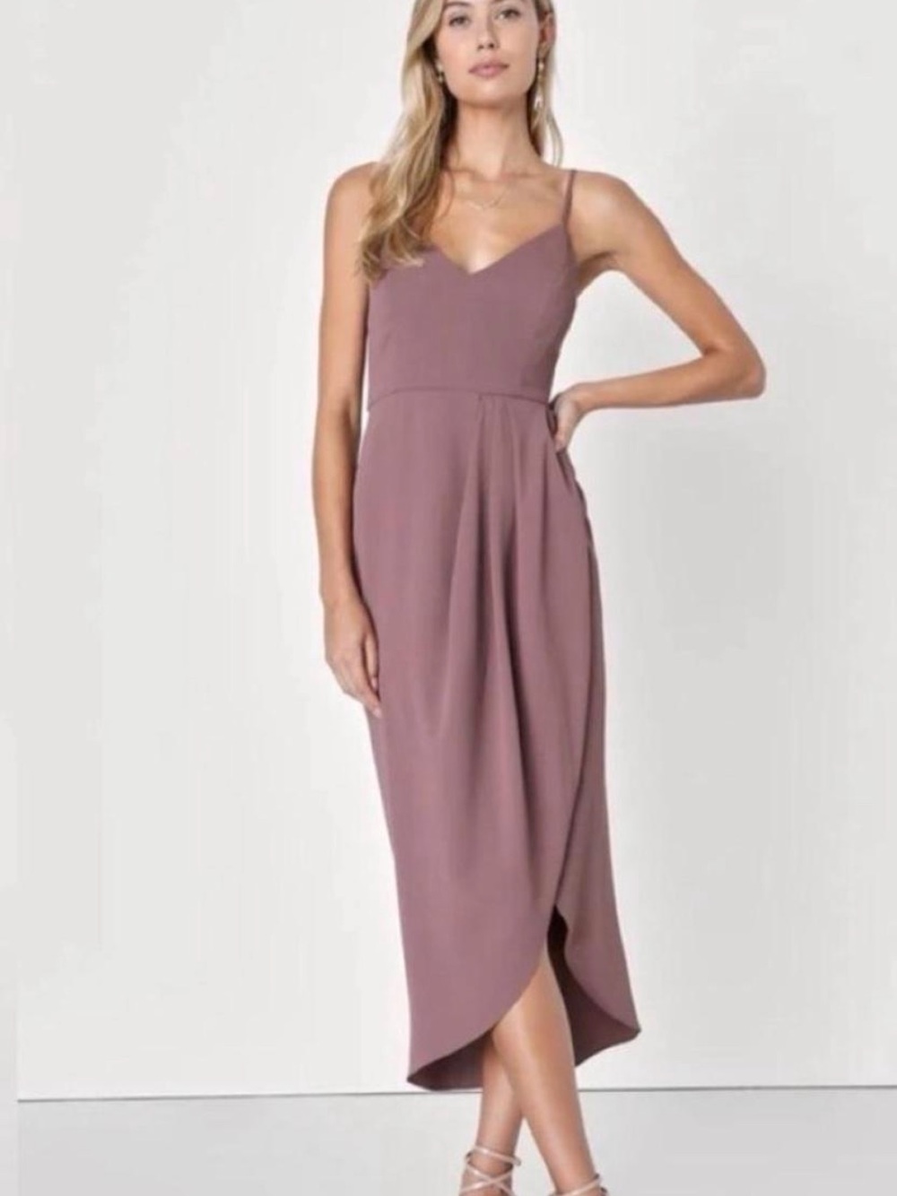 Lulu's Mauve Spaghetti-Strap Tulip-Hem Midi Dress